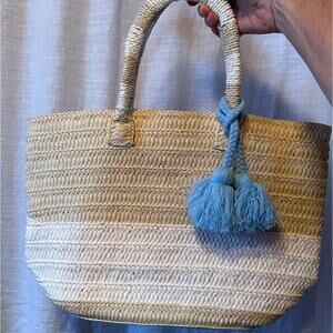Altru Straw Bag Mini Tote with Blue Tassles